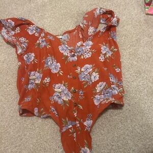 Rust Red Floral Button-Front Bodysuit